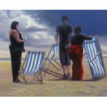 Peter J Bailey (1951-): 'This'll Do' - Deckchairs on the Beach Scarborough, oil on canvas signed,