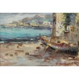 Sergio? De Paoli (Italian Contemporary): Mediterranean Coastal scene with Boats at Anchor,
