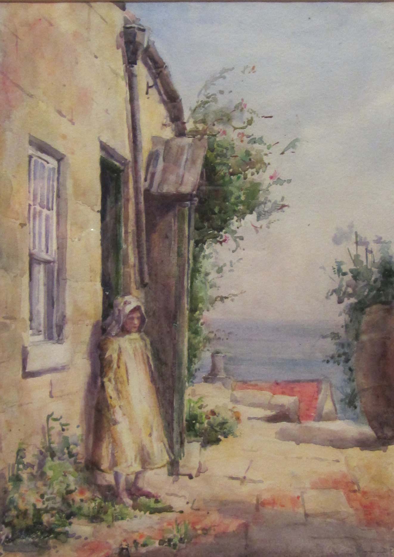 Hannah (Hoyland) Mayor (Staithes Group 1871-1947): 'Young girl outside Ivy & Jubilee Cottages