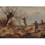 English Primitive School (Early/mid 19th Century): 'Shooting Rabbits', oil on board unsigned 15.