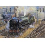 Robert Nixon (British 20th century): British Rail Class A1 Alcazar 'Queen of Scots' leaving Leeds