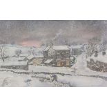 George Cunningham (British 1924-1996): 'Holly Bush Inn' Grangemill Derbyshire in a Snow Storm,