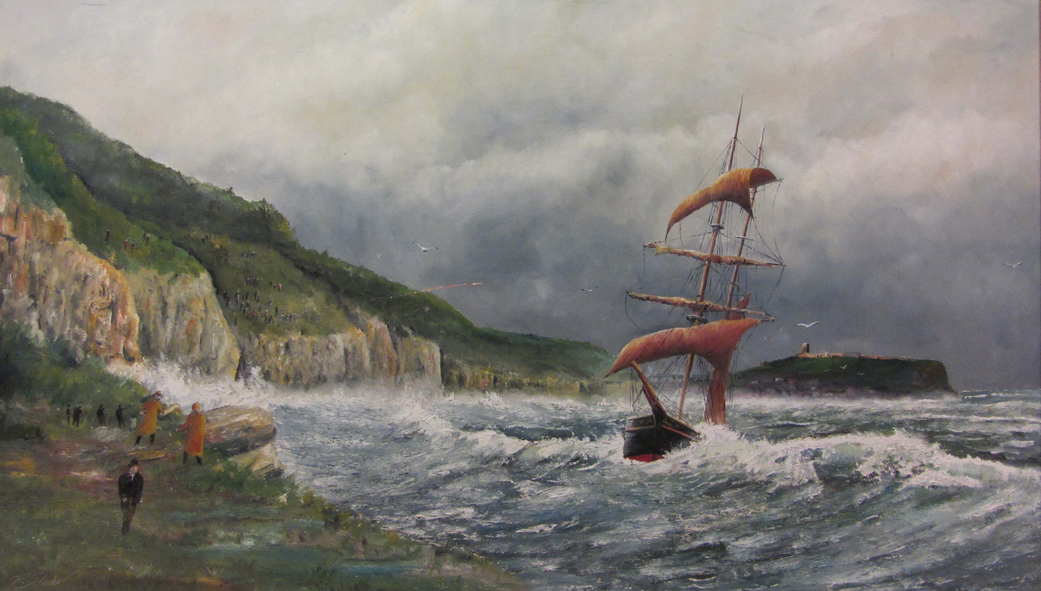 Robert Sheader (Late 20th century): Sailing Vessel in Distress Cornelian Bay Scarborough,