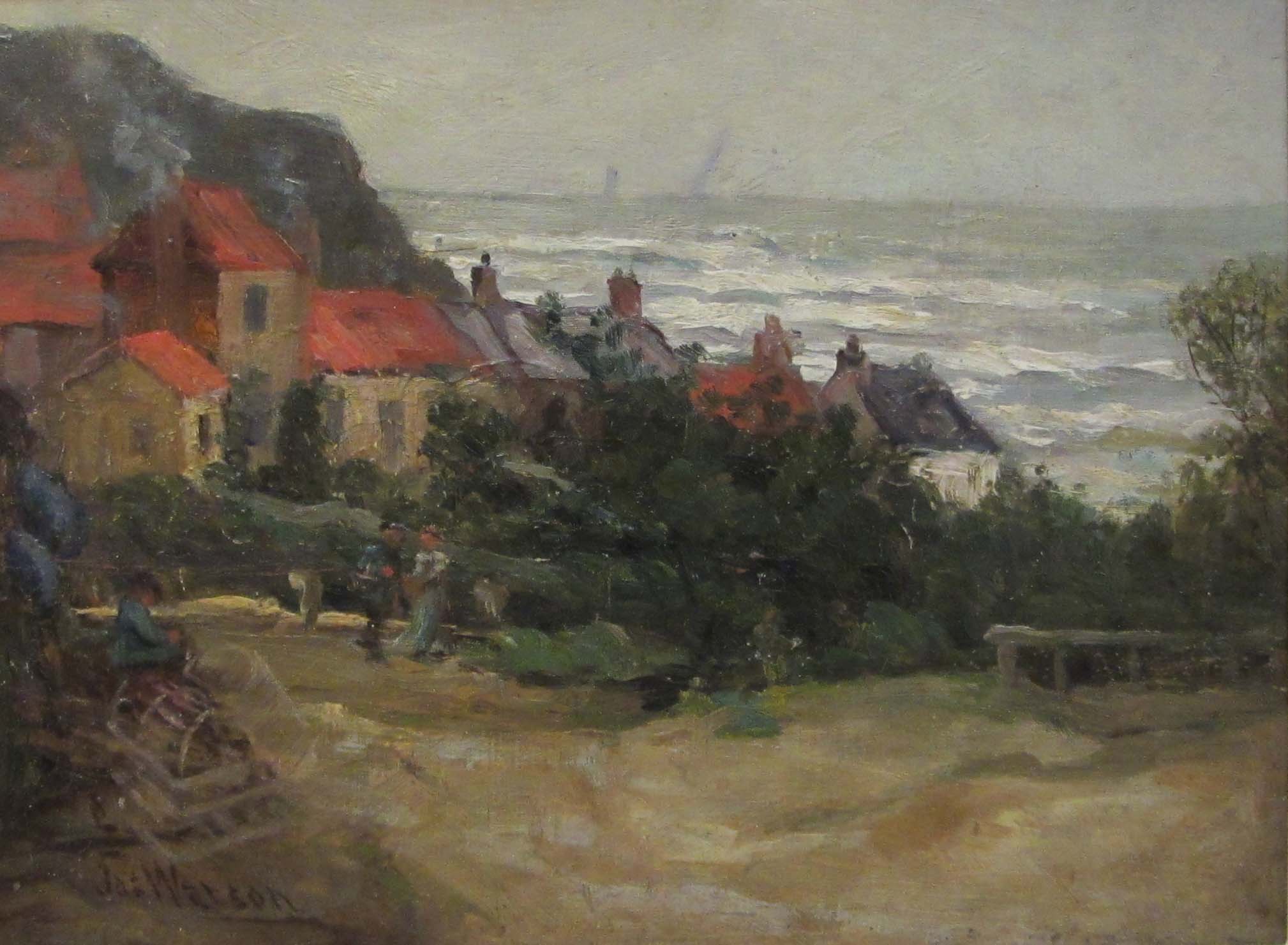 James Watson (Staithes Group 1851-1936): Cottages and Fisherfolk at Runswick Bay,