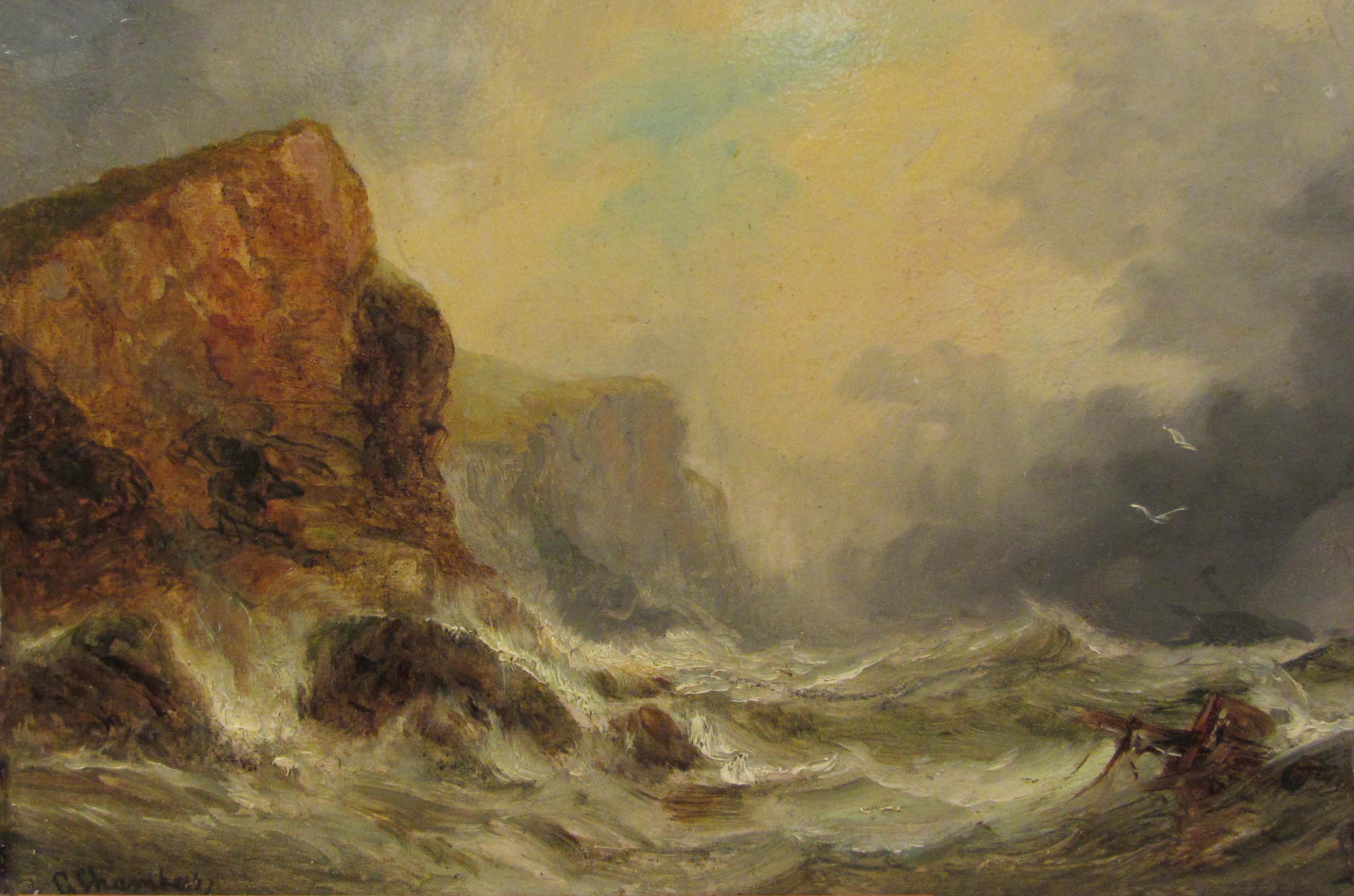 George Chambers Jnr (British 1829-1878): Rough Sea at the Cliff Foot,