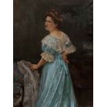 Ernest Leopold Sichel (British 1862-1941): Full Length Portrait of a Lady in a Blue Silk Dress,