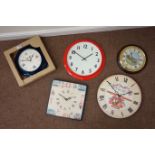 Five modern wall clocks including - Bryn Parry cartoon clock CLOCKS & BAROMETERS - as we are not a