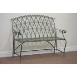 Green painted metal two seat garden bench,