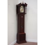 Reproduction mahogany longcase clock, triple weight driven chiming movement,