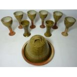 Studio Pottery - Welsh studio pottery cheese and wine set comprising cheese dome (stamped