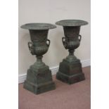 Pair bronzed finish Victorian style urns on plinths, egg and dart rim decoration, D47cm,