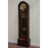 Early 20th century oak longcase clock, triple weight driven chiming movement,