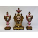 French mid 19th century ormolu and hand painted Sèvres style porcelain clock garniture,