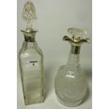 Cut glass decanter of oblong form with silver collar by Hukin and Heath (date marks rubbed) and