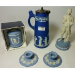 Late 19th/early 20th century Wedgwood jug with pewter top, Josiah Wedgwood figure,