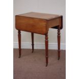 Victorian walnut drop leaf table fitted with drawer to end, raised on four turned legs, 65cm x 82cm,