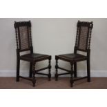 Pair early 20th century oak barley twist Carolean style dining chairs, carved detail,