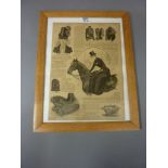 Side saddle - framed set of illustrations after John Leech and a framed 19th century advertisement