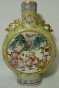 19th century Chinese Famille Jaune moon flask,