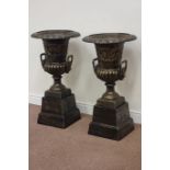 Pair bronze finish urns on plinths, egg and dart rim decoration, H84cm,