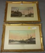 'Evening on the Schelde' and 'Old Rotterdam' pair watercolours signed by J Van Couver (1836-1909)