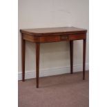 Early 19th century mahogany and rosewood fold over top tea table, boxwood stringing, brass inlay,
