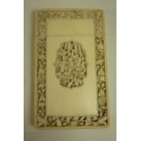 19th century Chinese Canton ivory visiting card case with carved panels and border 10.5cm x 6.