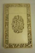 19th century Chinese Canton ivory visiting card case with carved panels and border 10.5cm x 6.