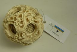 19th century Chinese Canton ivory puzzle ball carved with dragons dia.