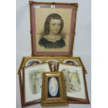 Victorian portrait of a child in gilt frame, set of four reproduction Edwardian prints,