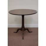 Georgian circular tilt top tripod table, on turned pedestal, D83cm,