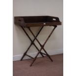 Edwardian turned mahogany folding butlers tray stand with later butlers tray, W88cm, H100cm,