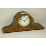 Edwardian inlaid mahogany, walnut and walnut burr shaped top mantel clock, battery powered movement,