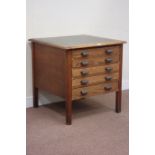 Early 20th century and later oak five drawer plan chest with inset leather top, W76cm x 74cm,