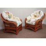 Five piece cane conservatory suite comprising of - two seat sofa (W156cm), pair matching armchairs,