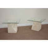 Pair composite stone lamp tables fitted with square bevel edged glass tops, 71cm x 71cm,