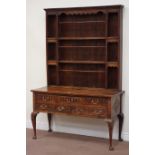 19th century carved oak dresser fitted with five drawers and later three tier plate rack, W132cm,