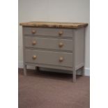 Painted pine three drawer chest with waxed pine top, W95cm, H83cm,