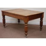 Rectangular pine plank top table raised on fluted walnut legs, 145cm x 97cm,