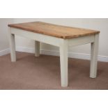 Rustic rectangular pine top table raised on painted base,