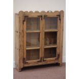 18th century pine and metal bound display cabinet, enclosed by two glazed doors, W88m, H106cm,