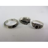 Three onyx and marcasite silver rings stamped 925 Condition Report <a