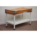 Large rectangular maple and beech wood butchers block, raised on white painted pot board base,