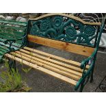 Wrought iron sun flower back green finish with polished pine slats W122cm Condition