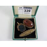 Victorian sapphire and diamond gold brooch Birmingham 1893, rose gold agate swivel fob,