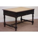 Victorian heavily carved oak library table/desk, tooled and gilt leather top,