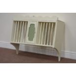 20th century painted pine wall hanging plate rack with centre cupboard, W88cm, H74cm,