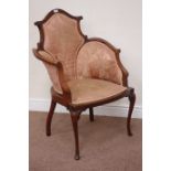 Edwardian inlaid walnut armchair, raised shaped top,