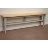 Pine top hall bench raised on painted base with under-tier, L202cm, H65cm,