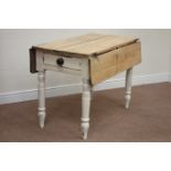 Victorian pine drop leaf top table raised on turned painted base fitted with single drawer,